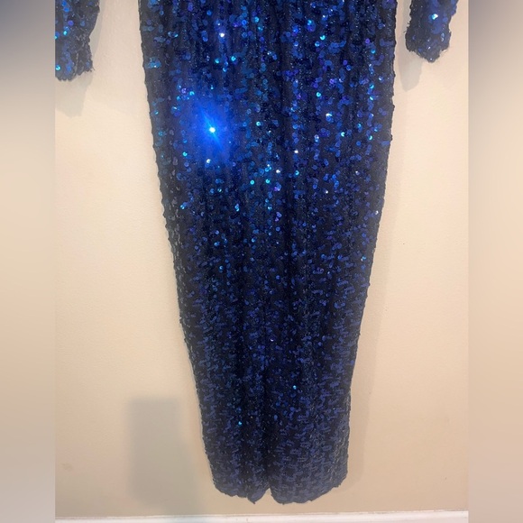 Lilli Diamond Original 60s 70s TRUE VINTAGE Blue Maxi Sequin Dress Long Sleeve L - Picture 9 of 14